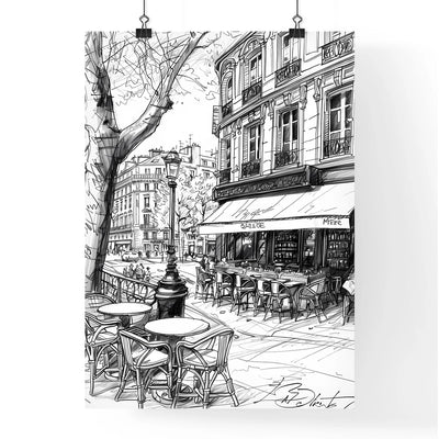White blind contour line art drawing of a charming Paris cafe scene, featuring tables, chairs, and a vibrant cityscape atmosphere, showcasing the artistic interpretation of the lively street.