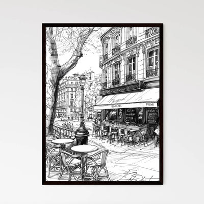 White blind contour line art drawing of a charming Paris cafe scene, featuring tables, chairs, and a vibrant cityscape atmosphere, showcasing the artistic interpretation of the lively street.