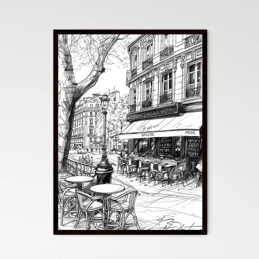 White blind contour line art drawing of a charming Paris cafe scene, featuring tables, chairs, and a vibrant cityscape atmosphere, showcasing the artistic interpretation of the lively street. Framed Art