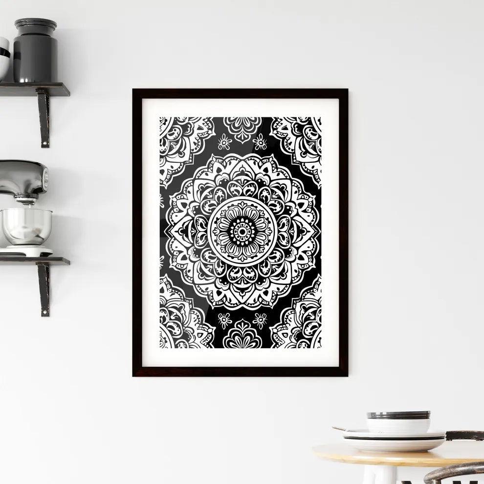 Black and White Mandala Pattern Framed Print