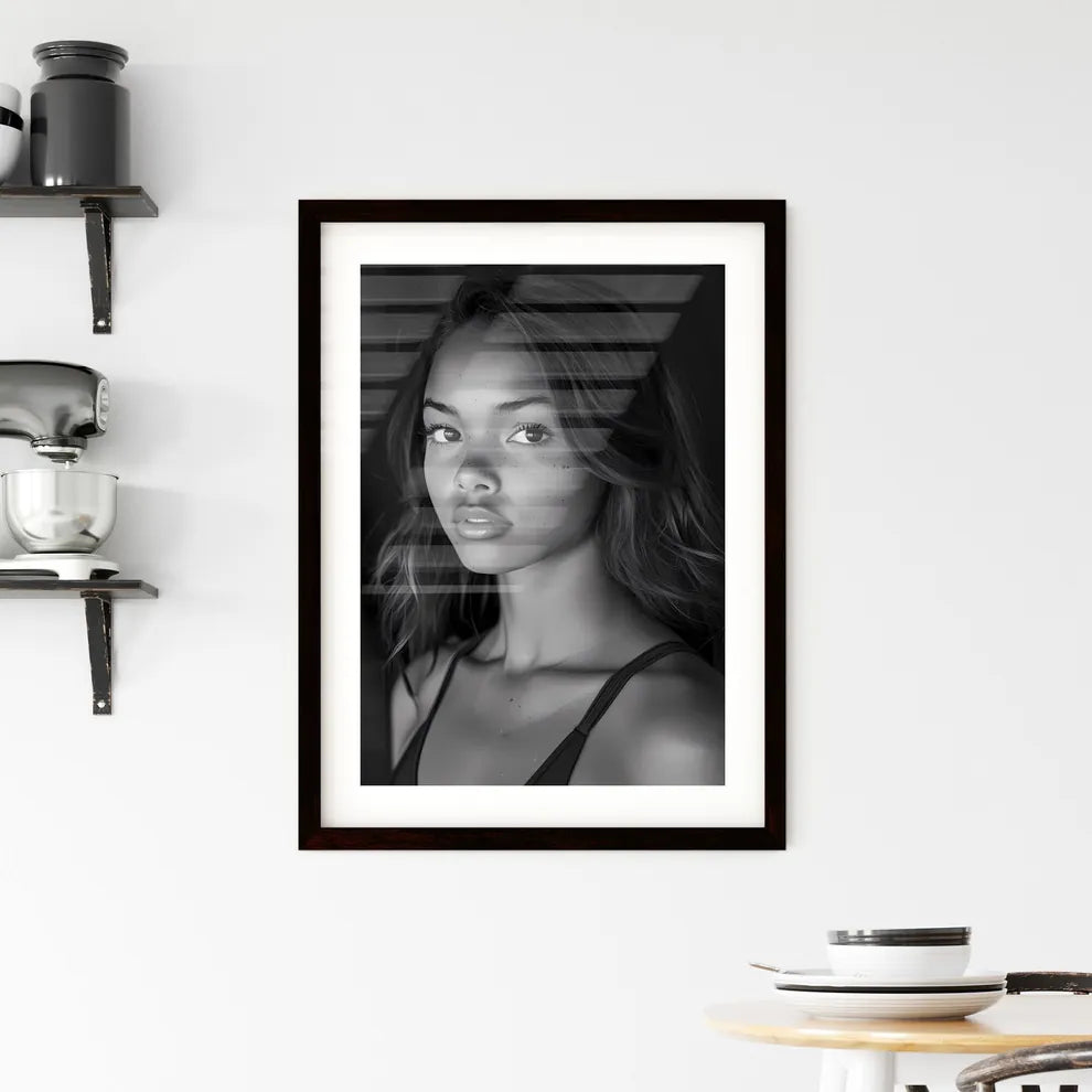 Black and white portrait photography of a fe Framed Print