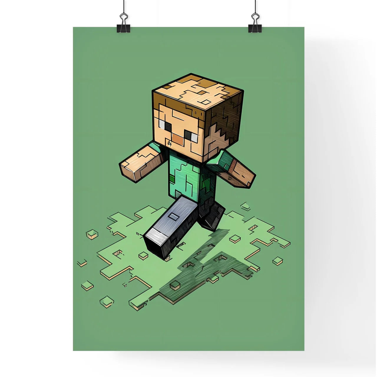 Pixelated Minecraft Character in Vibrant Gre Poster
