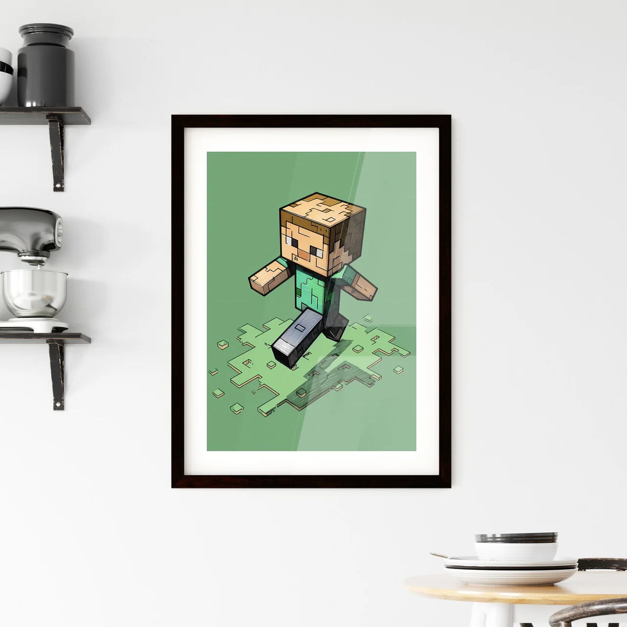 Pixelated Minecraft Character in Vibrant Gre Framed Print