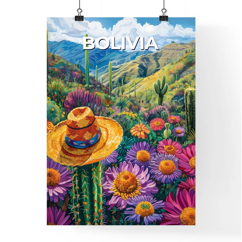 Painting of Vibrant Cactus and Flowers Poster