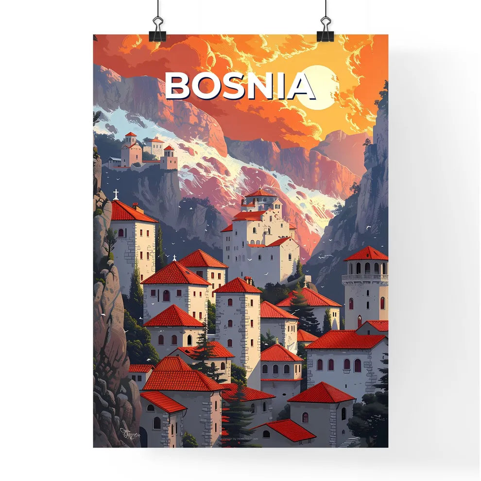 Artistic Interpretation of a Quaint European Town: Bosnia and Herzegovina with Vibrant Red Roofs Poster