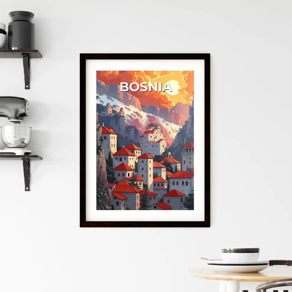 Artistic Interpretation of a Quaint European Town: Bosnia and Herzegovina with Vibrant Red Roofs Custom Print