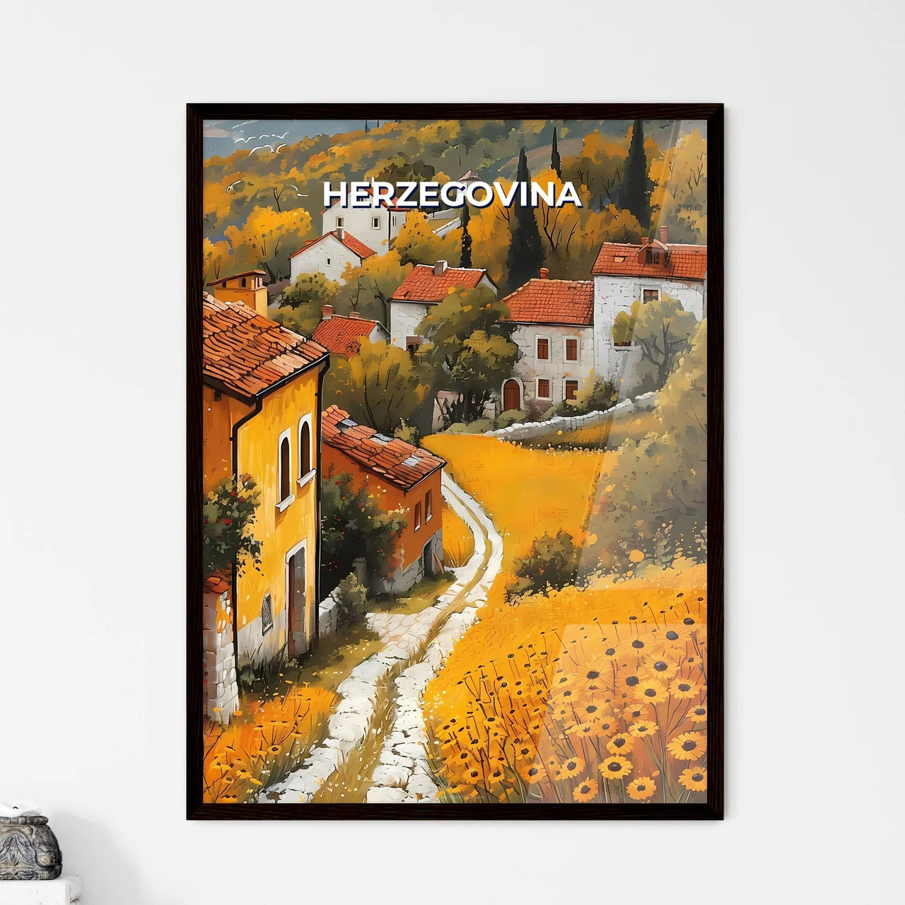 Vibrant Painting of a Bosnian Village in Europe: A Colorful Celebration of Art and Culture Framed Art