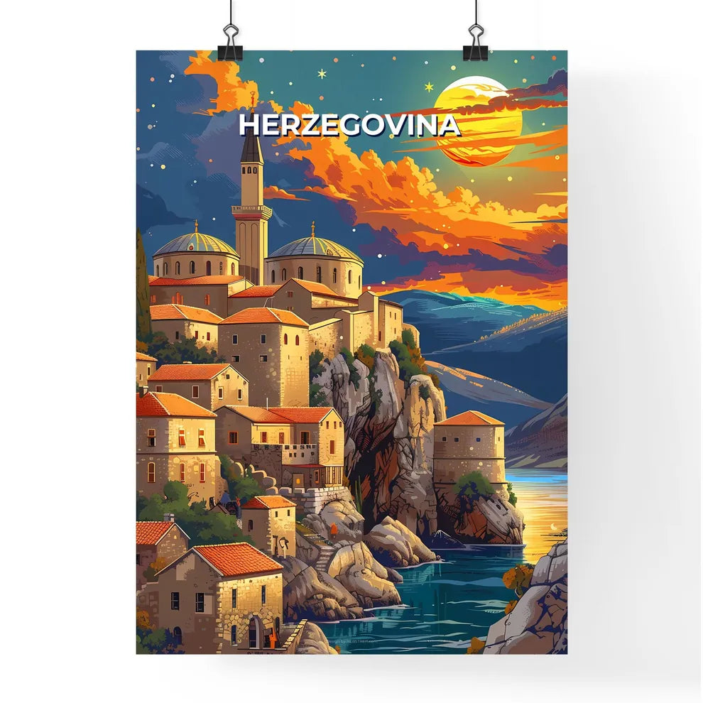 Vibrant Painting of a Bosnian Town Perched on a Cliff, Bosnia and Herzegovina Poster