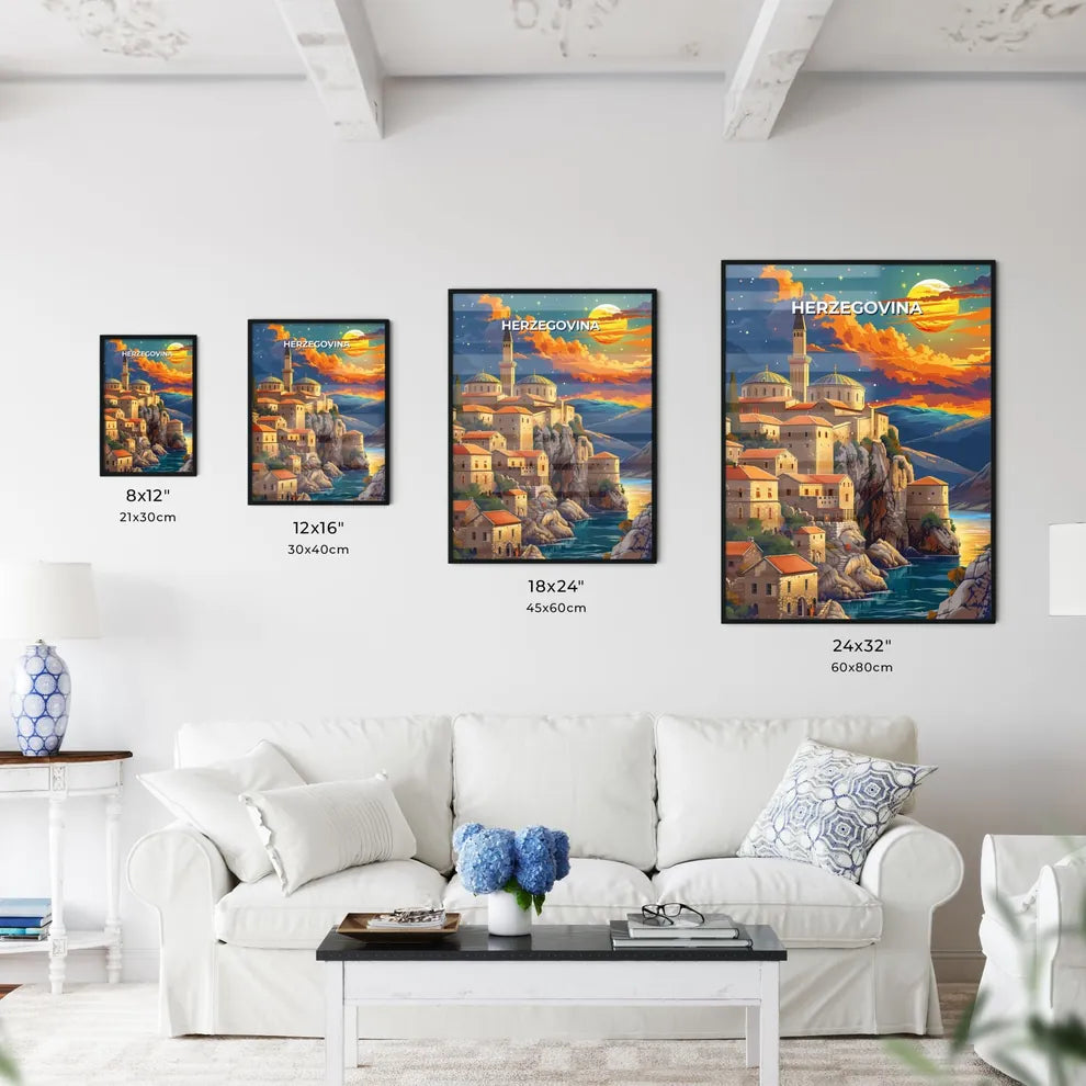 Vibrant Painting of a Bosnian Town Perched on a Cliff, Bosnia and Herzegovina Size Chart