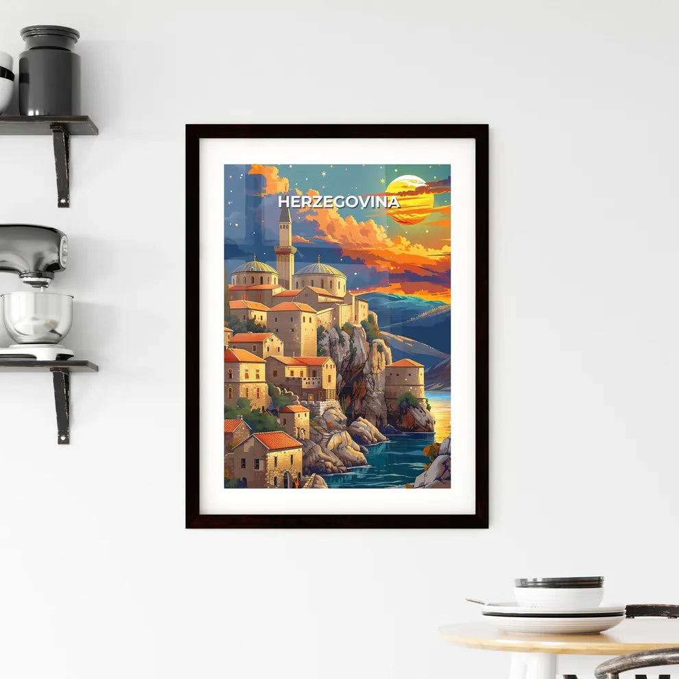 Vibrant Painting of a Bosnian Town Perched on a Cliff, Bosnia and Herzegovina Custom Print
