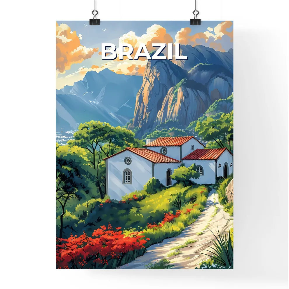 Vibrant Art Painting of a House in a Brazilian Forest with Mountain Landscape Poster