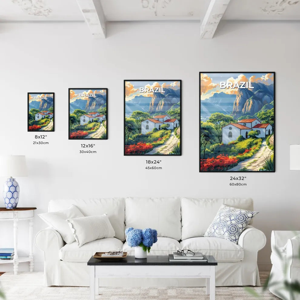 Vibrant Art Painting of a House in a Brazilian Forest with Mountain Landscape Size Chart