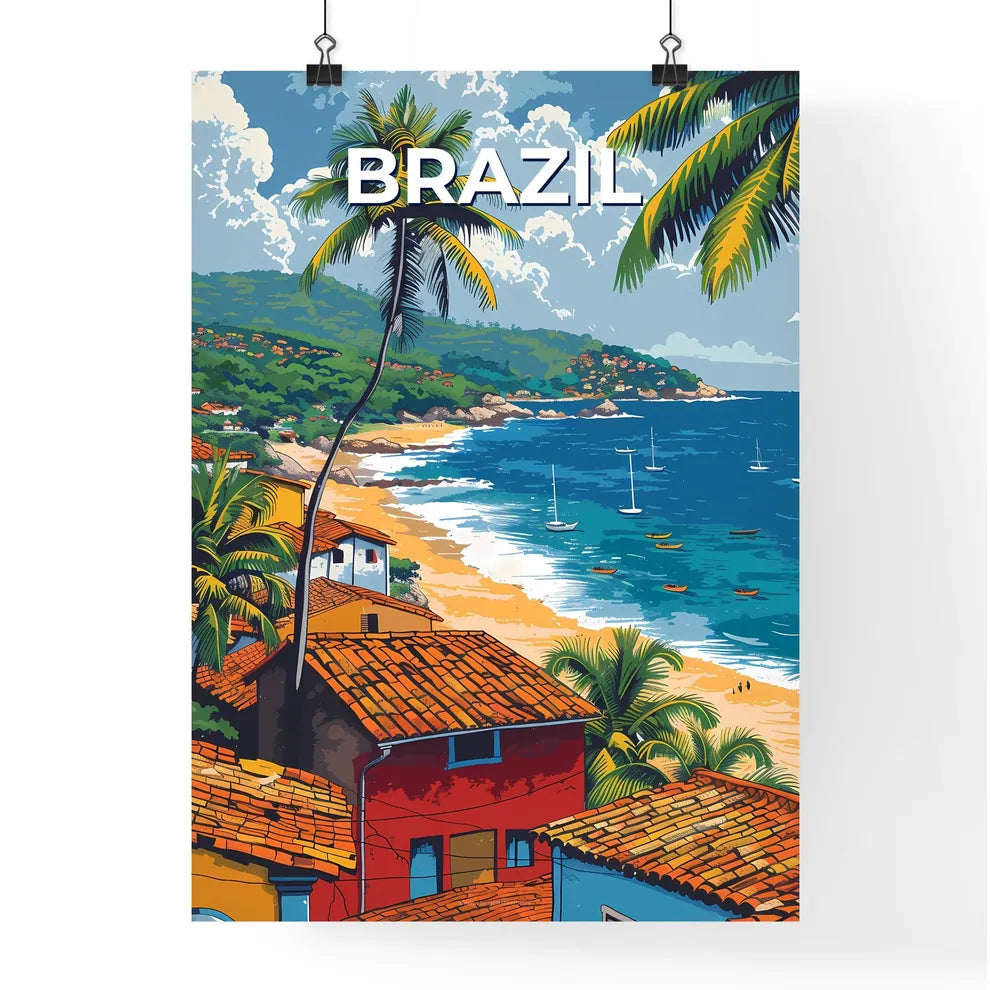 Vibrant Brazilian Beach Scene: Watercolor Painting with Houses and Palm Trees Poster