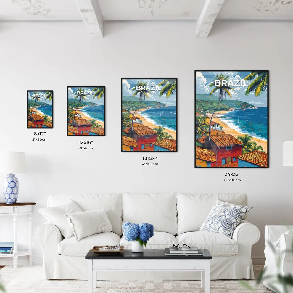 Vibrant Brazilian Beach Scene: Watercolor Painting with Houses and Palm Trees Size Chart