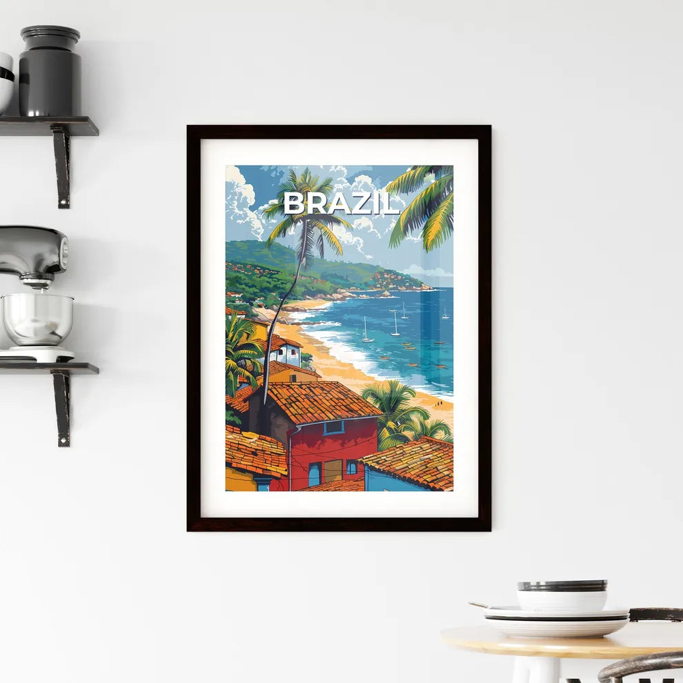 Vibrant Brazilian Beach Scene: Watercolor Painting with Houses and Palm Trees Custom Print