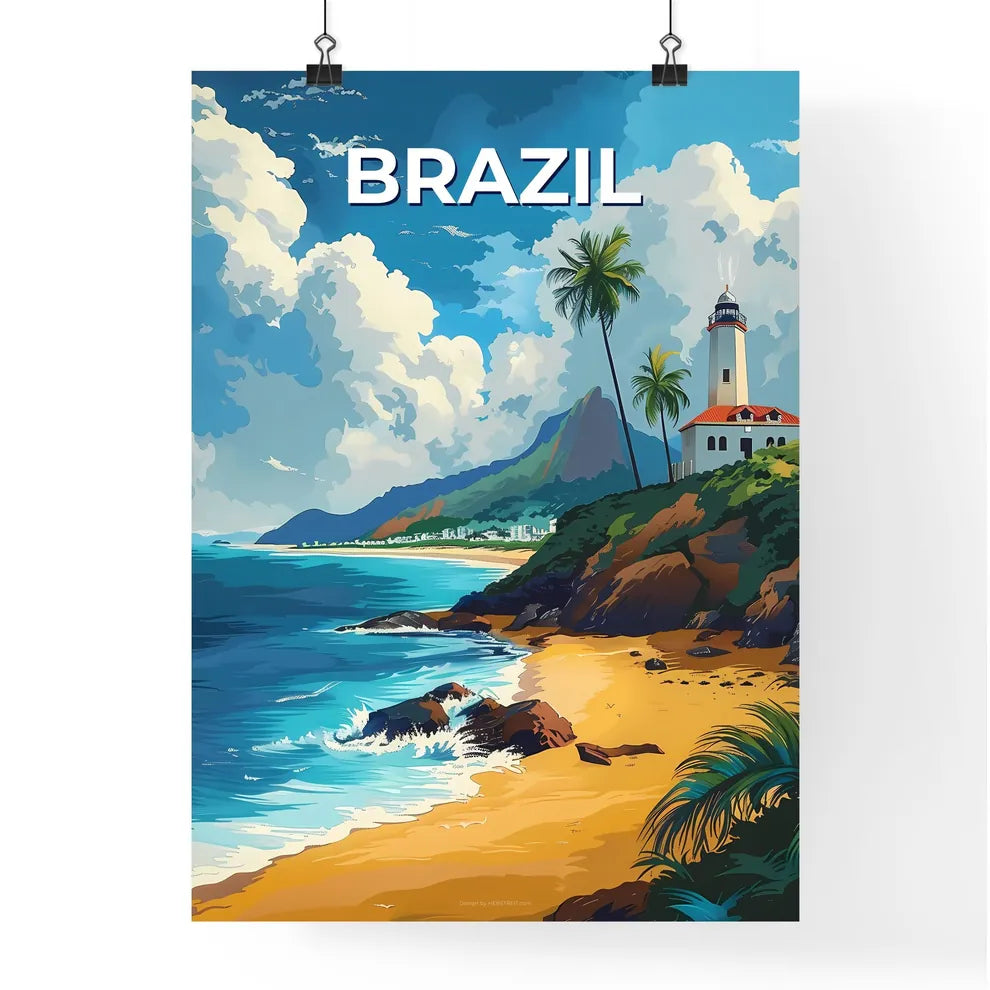 Artistic Beach Scene with Lighthouse and Palms in Vibrant Brazilian Ambience in South America Poster