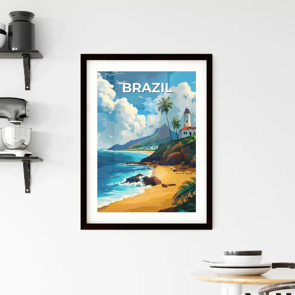 Artistic Beach Scene with Lighthouse and Palms in Vibrant Brazilian Ambience in South America Custom Print