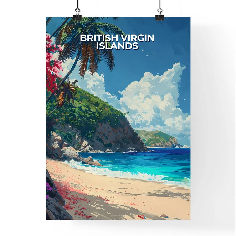 Vibrant Art of Beach with Palm Trees and Bod Poster