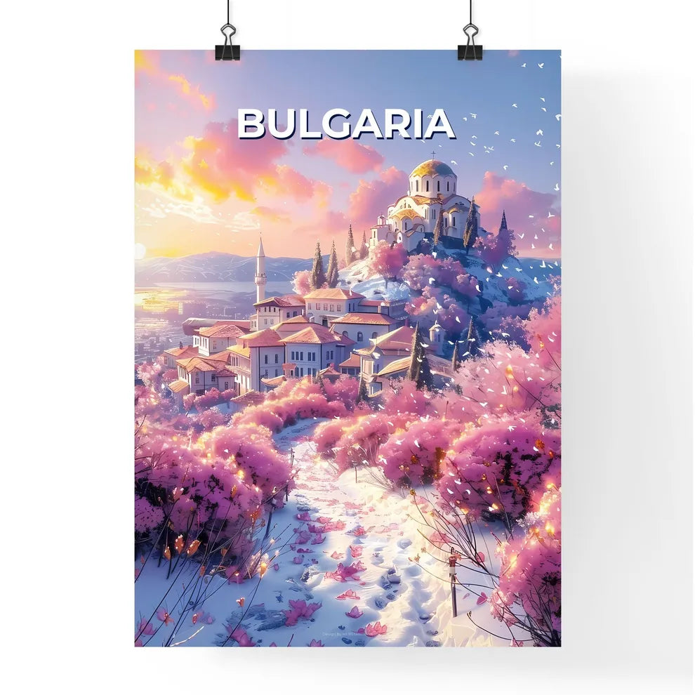 Vibrant Snowy Landscape with Buildings and Trees in Bulgaria Poster