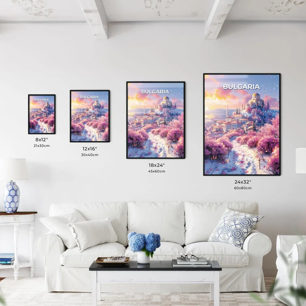 Vibrant Snowy Landscape with Buildings and Trees in Bulgaria Size Chart