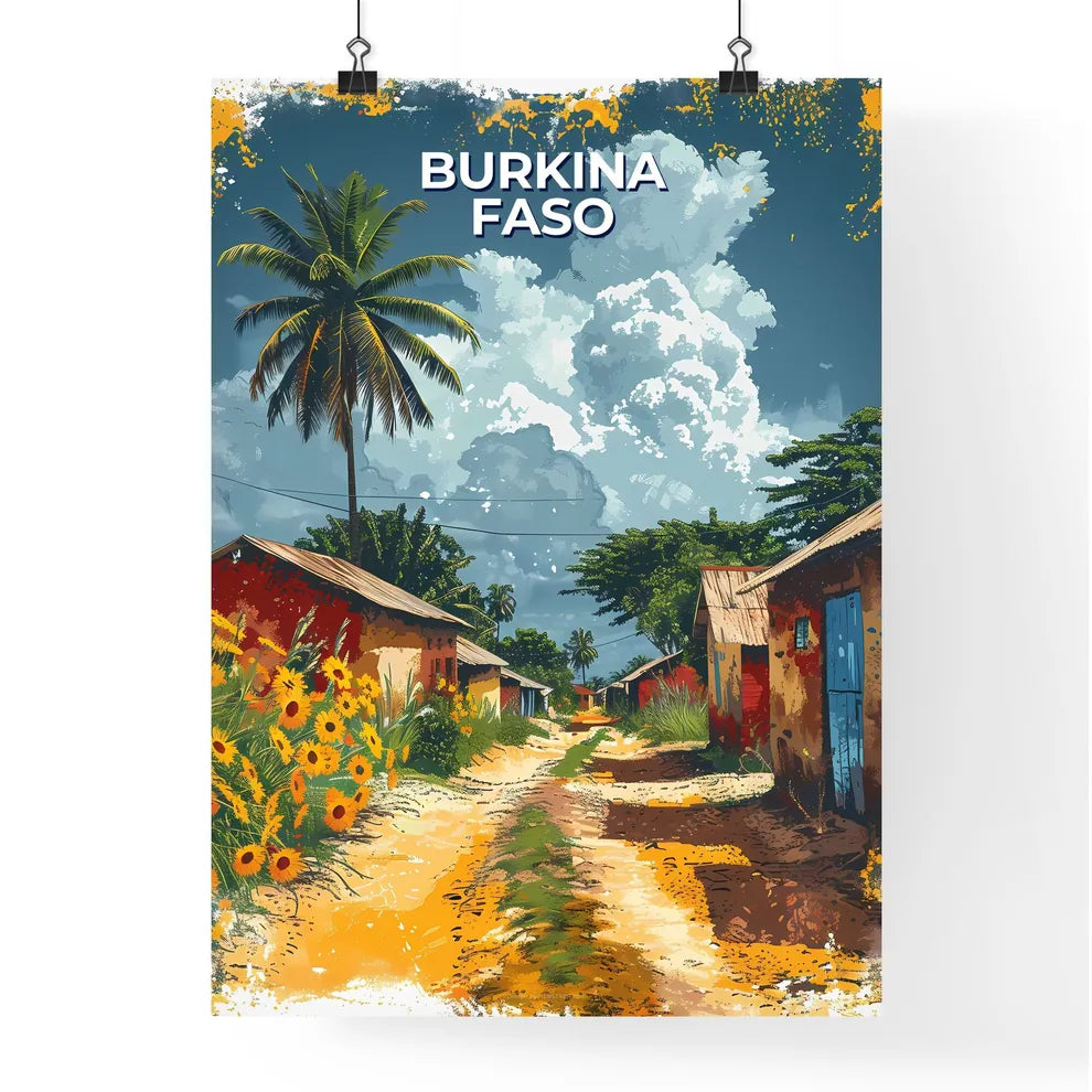 Vibrant African Art Scene: Colorful Road with Houses and Flowers in Burkina Faso Poster