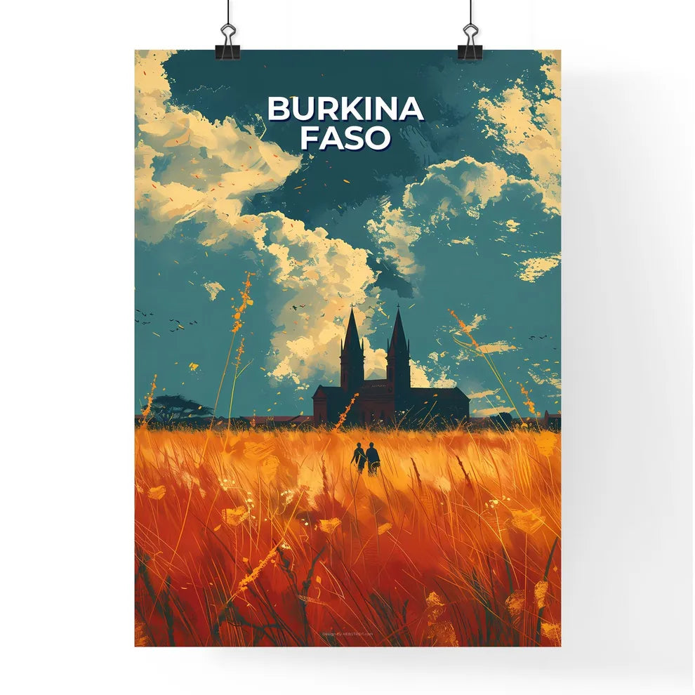 Vibrant African Art: Couple Amidst Lush Vegetation and Architectural Detail Poster