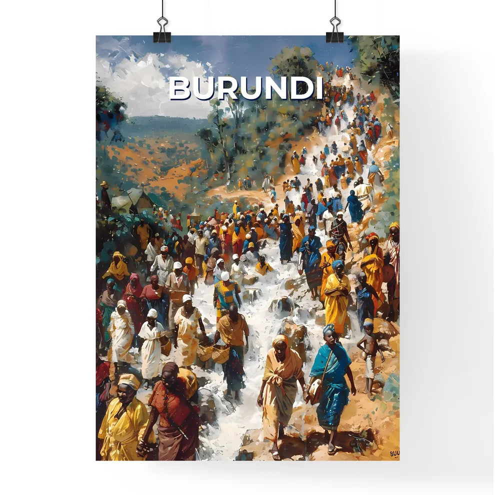 Vibrant Painting Depicting a Group Descending a Hillside in Burundi Poster