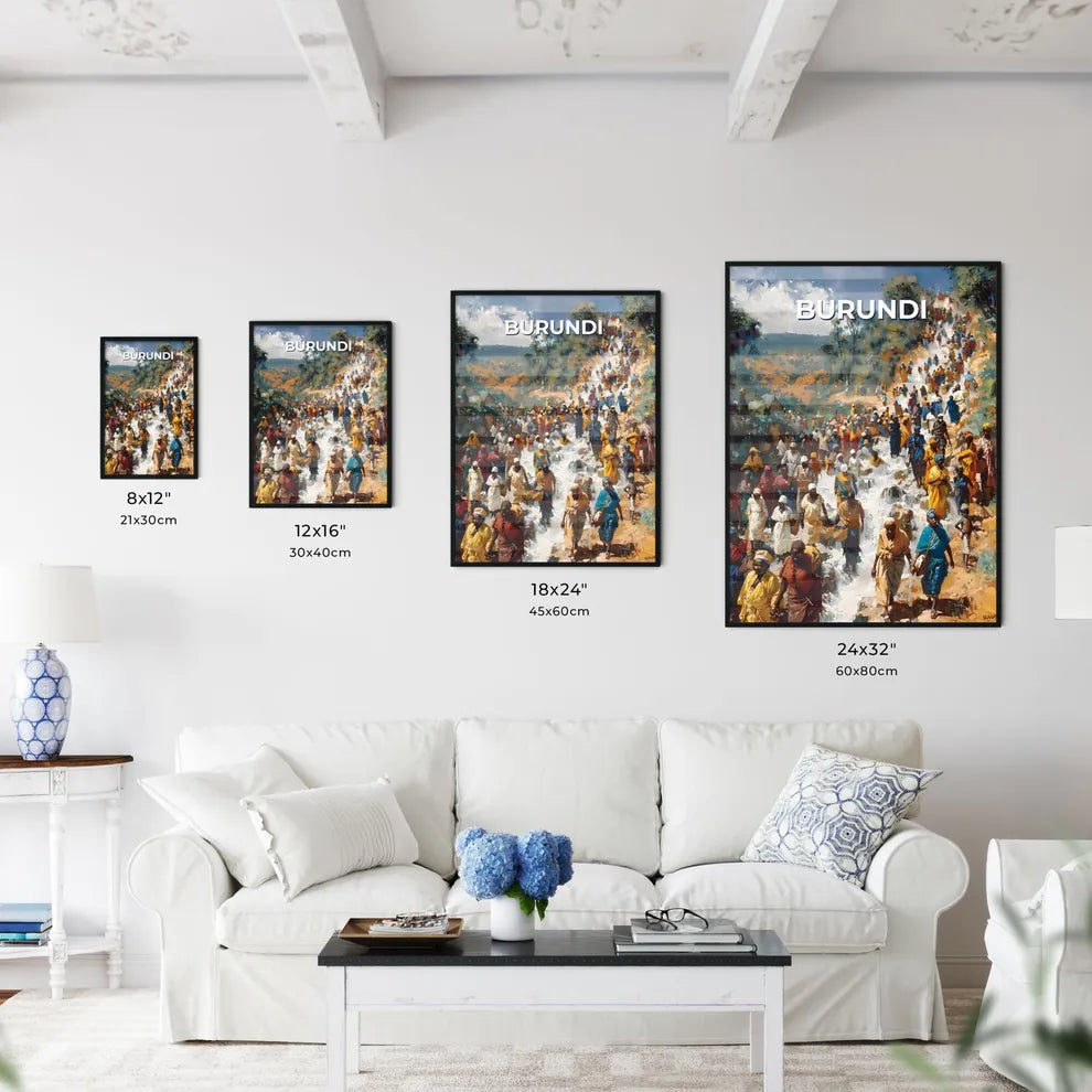 Vibrant Painting Depicting a Group Descending a Hillside in Burundi Size Chart