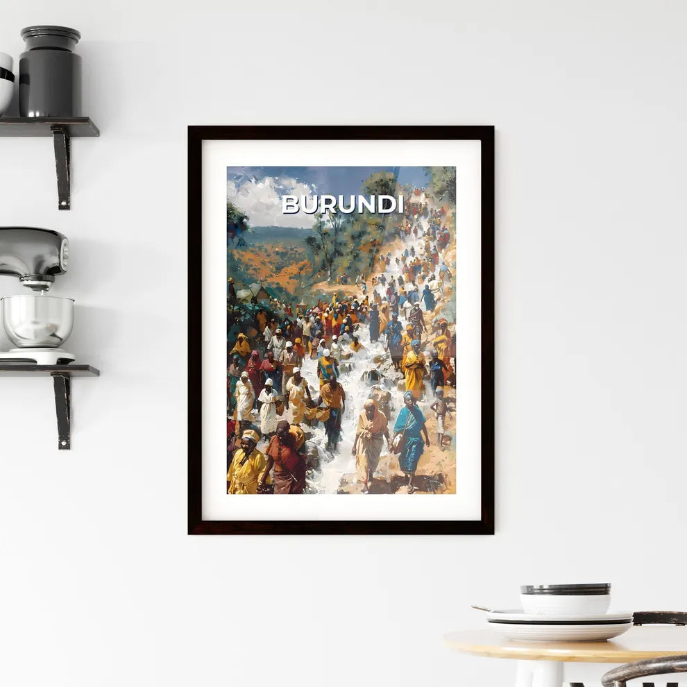 Vibrant Painting Depicting a Group Descending a Hillside in Burundi Framed Print