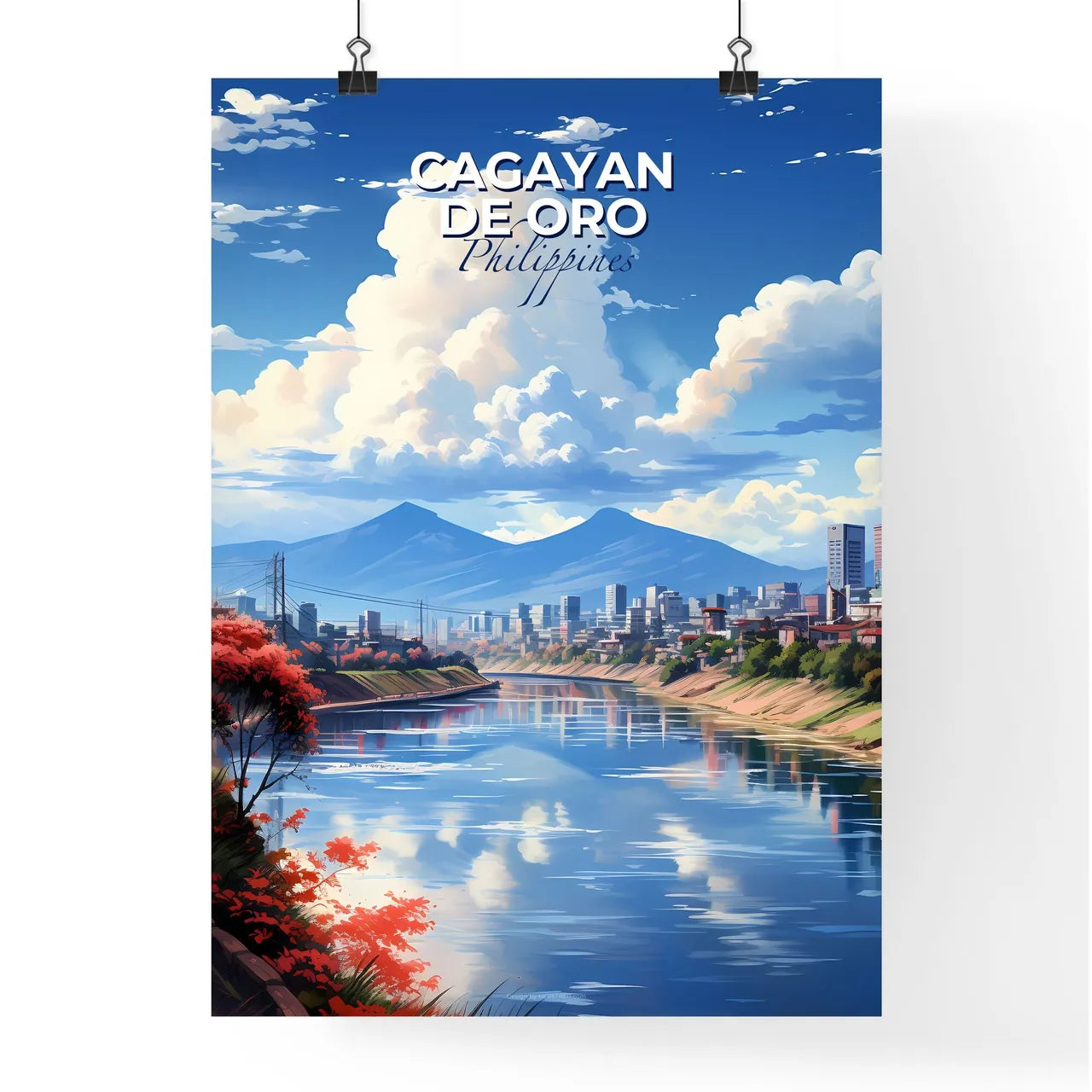 Vibrant Cagayan de Oro Skyline Painting: City, River, Mountains, Philippines Default Title