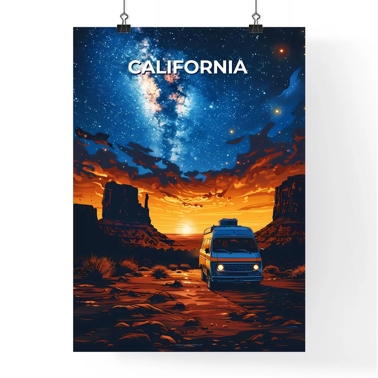 California Desert Van Sunset Vibrant Paintin Poster
