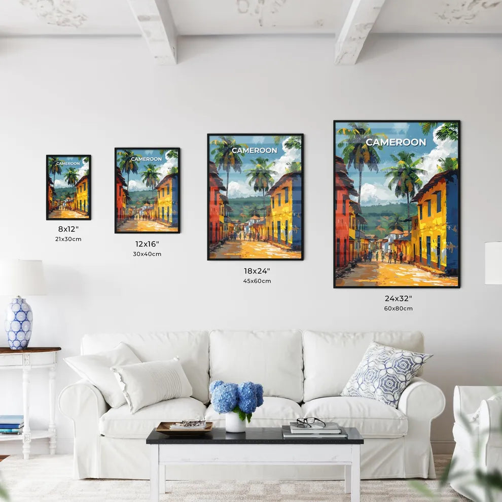 Vibrant Street Art of Colorful Buildings and Palm Trees in Cameroon, Africa Size Chart