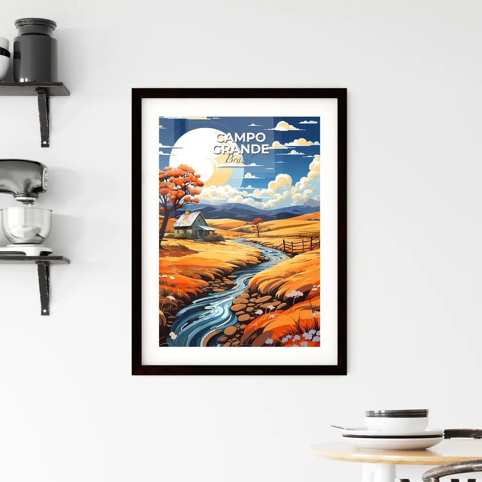 Artistic Interpretation of Campo Grande Valley Skyline: Vibrant Painting of River, House, and Trees Default Title