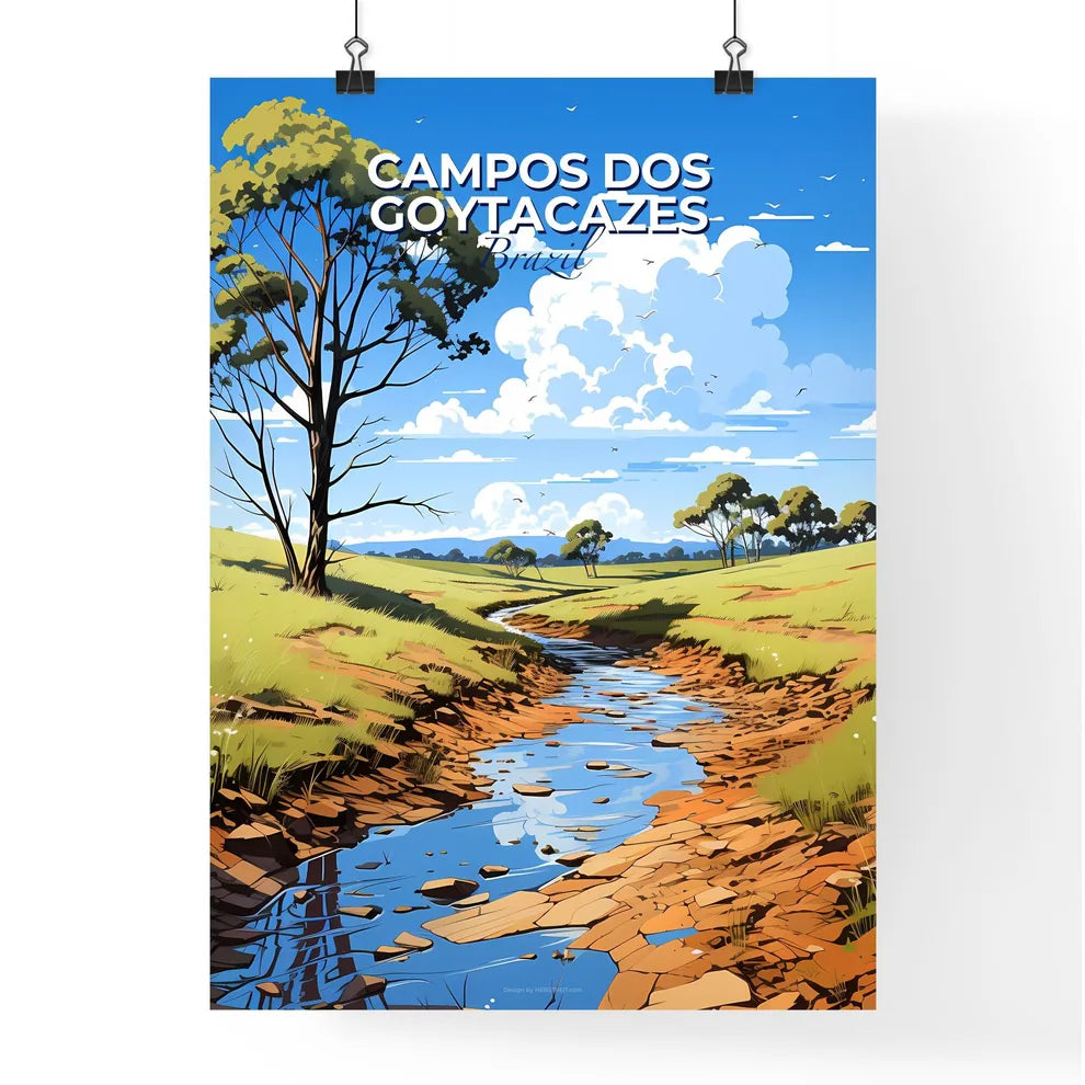 Vibrant Art Depiction of Campos dos Goytacazes, Brazil Skyline with Meandering Stream in Grassy Field Default Title