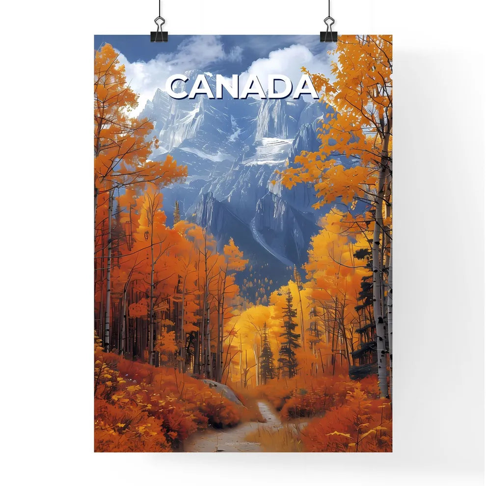 Vibrant Painting of Mountain with Orange Tre Poster