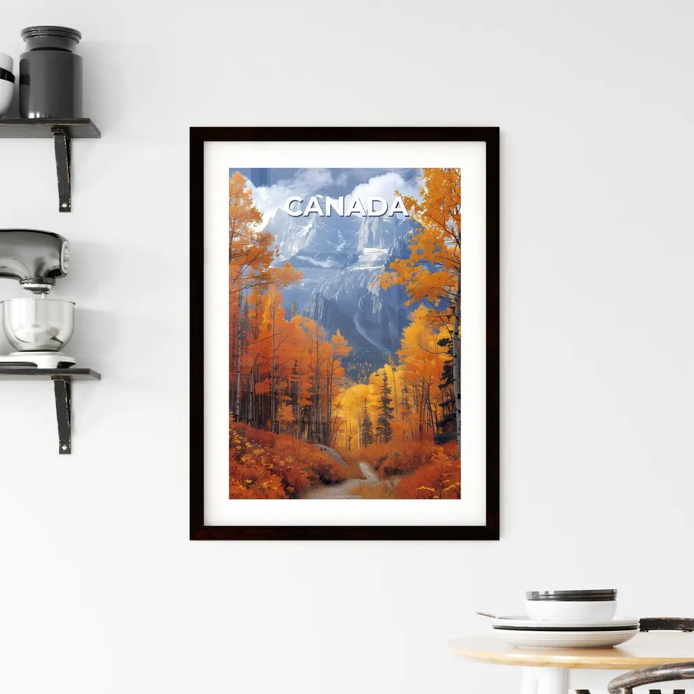 Vibrant Painting of Mountain with Orange Tre Framed Print