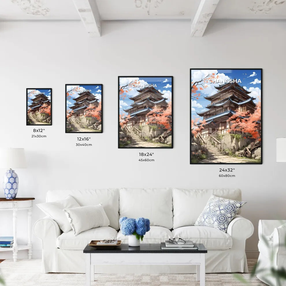 Colorful Cityscape Painting: Changsha Skyline, Hilltop Building with Trees and Vibrant Blue Sky Default Title