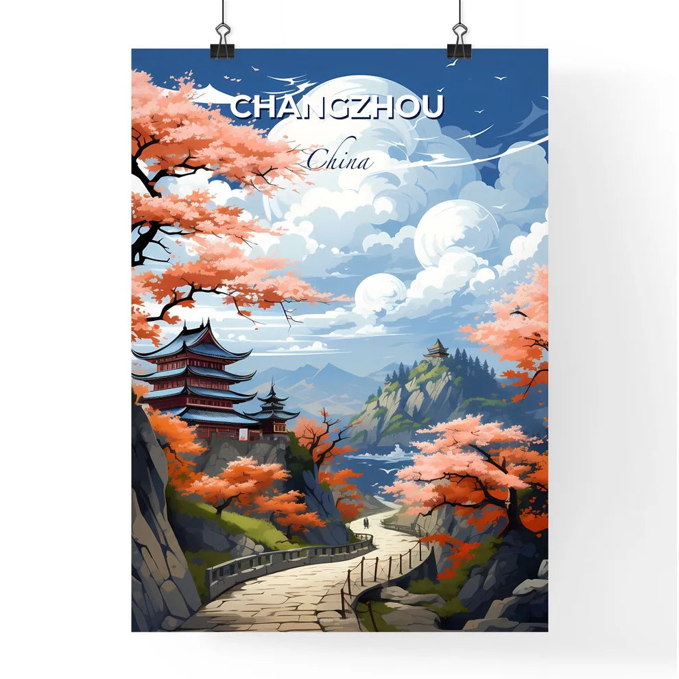 Changzhou China Mountainous Cityscape Art Print Vibrant Pagoda Traditional Painting Default Title