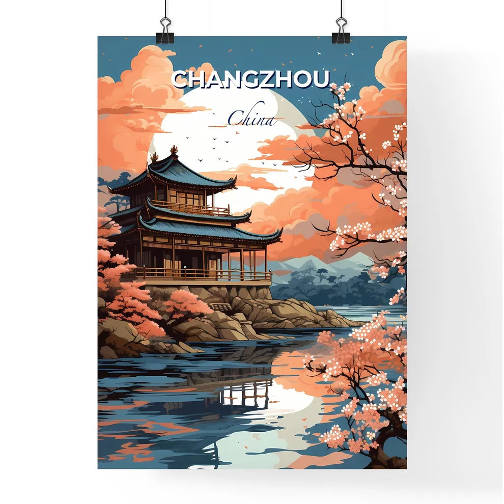 Vibrant Painting of Changzhou China Skyline Featuring a Pagoda on a Hill over a Body of Water Default Title