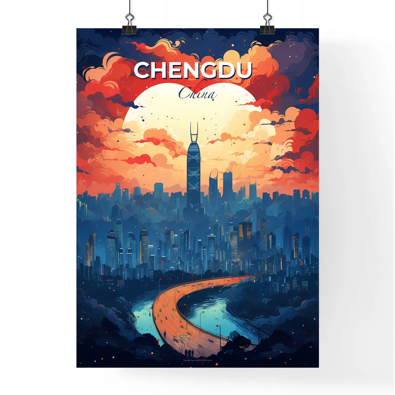 Artistic Chengdu Skyline Painting: City with Bridge and Heart-Shaped Cloud Default Title