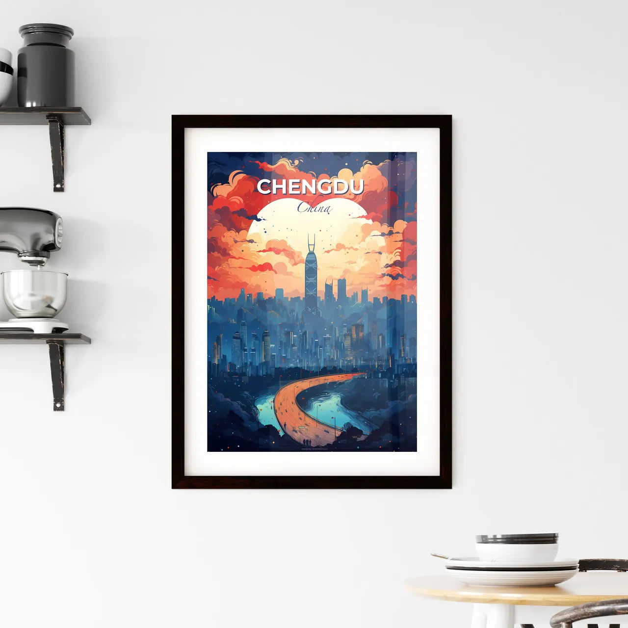 Artistic Chengdu Skyline Painting: City with Bridge and Heart-Shaped Cloud Default Title
