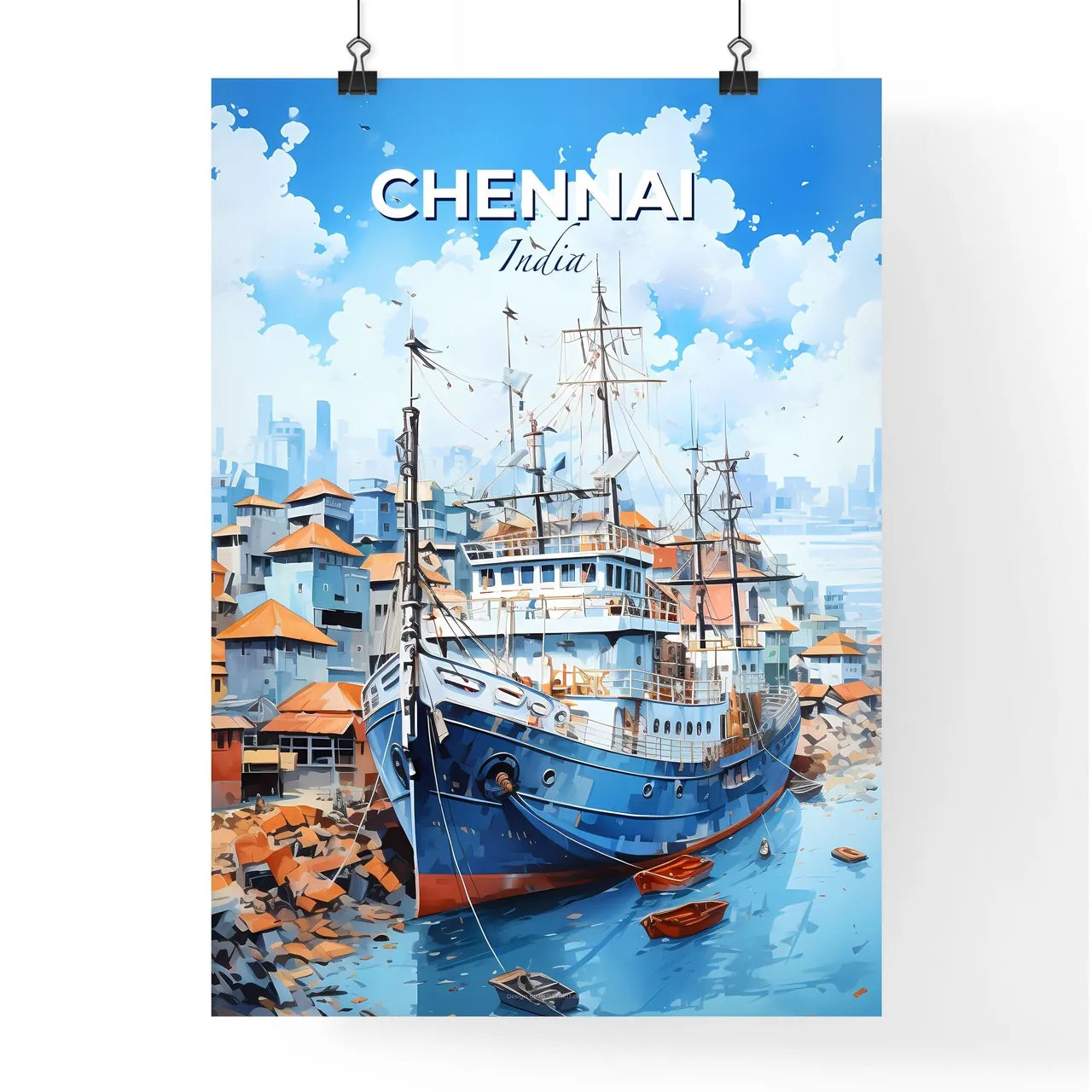 Chennai India Skyline Panoramic Painting Ship Watercolor Canvas Artwork Cityscape Default Title