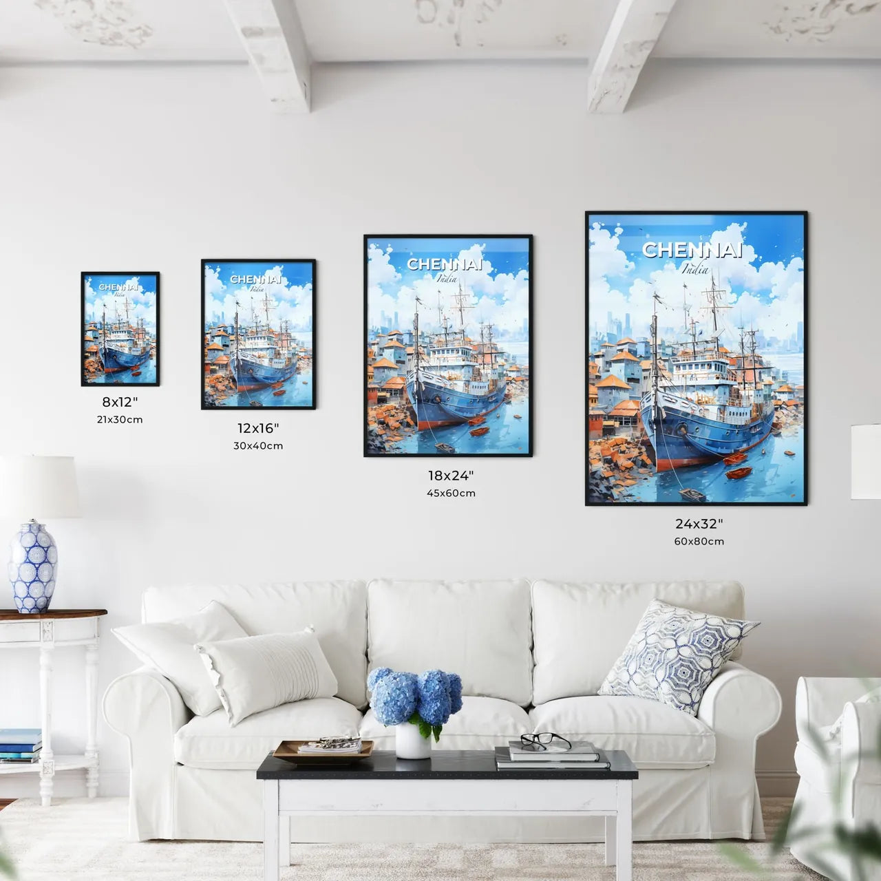 Chennai India Skyline Panoramic Painting Ship Watercolor Canvas Artwork Cityscape Default Title