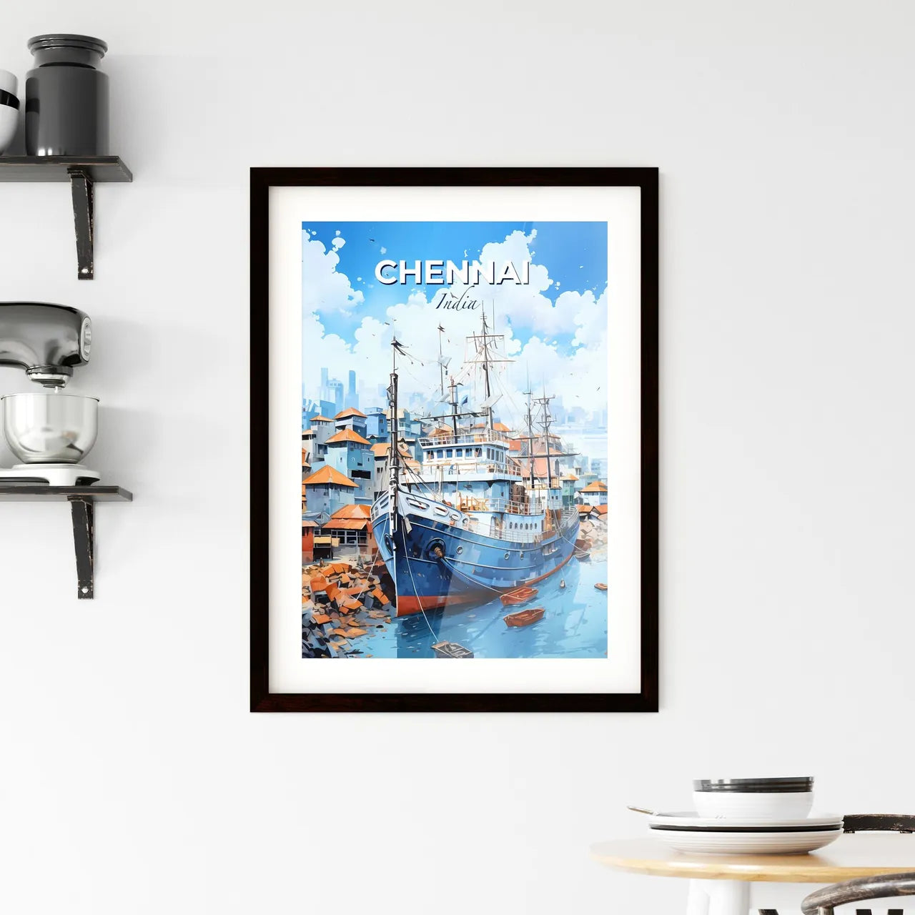 Chennai India Skyline Panoramic Painting Ship Watercolor Canvas Artwork Cityscape Default Title
