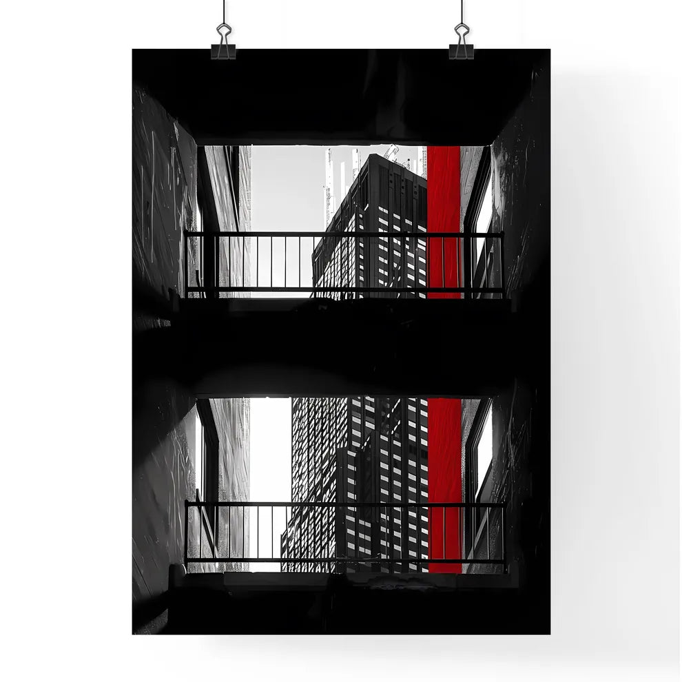 Bauhaus-Inspired Architecture: Black and White Photo with Red Stripe and Artistic Focus Poster