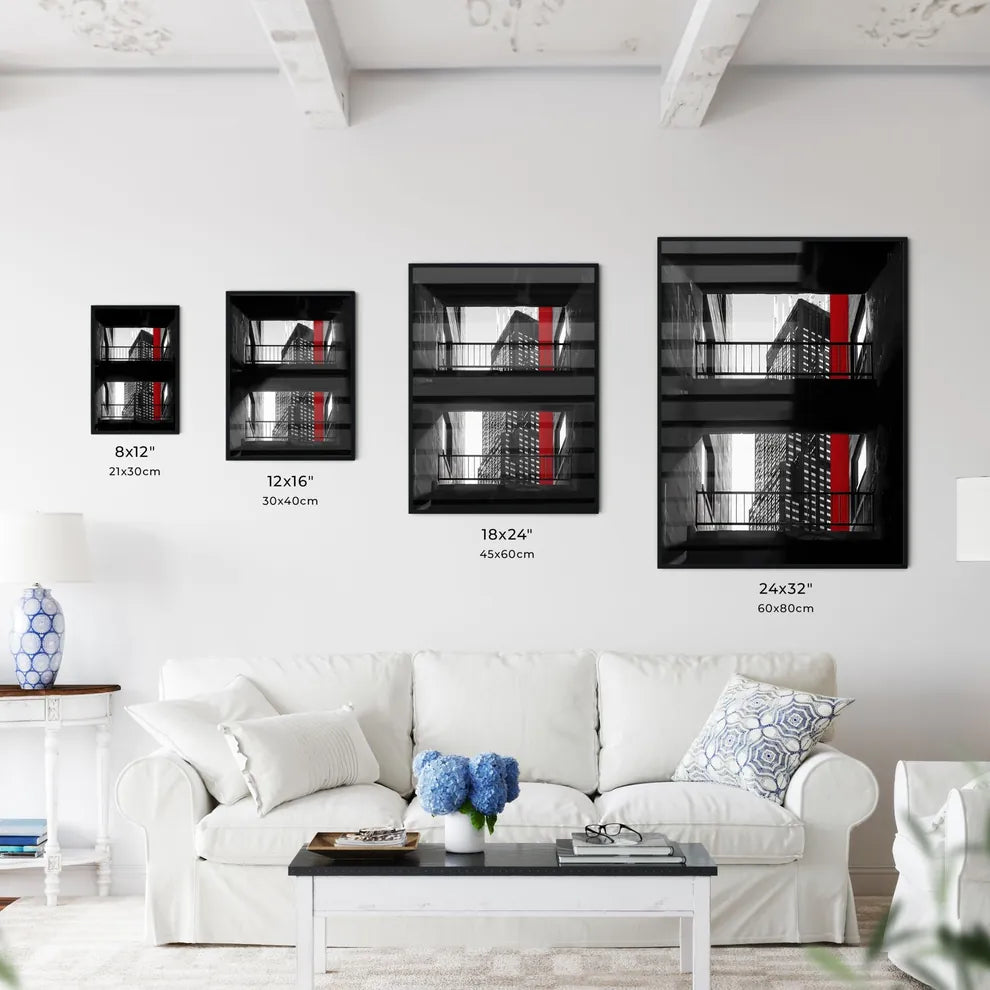 Bauhaus-Inspired Architecture: Black and White Photo with Red Stripe and Artistic Focus Size Chart