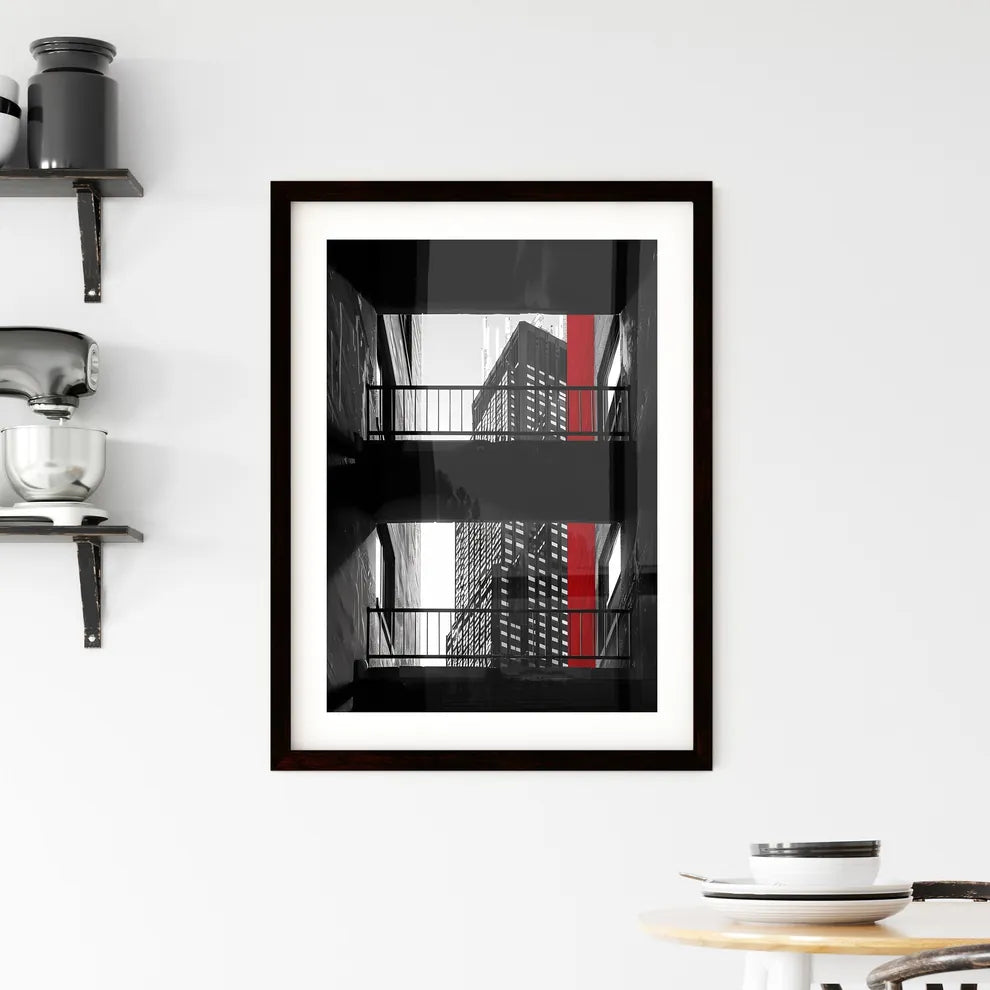 Bauhaus-Inspired Architecture: Black and White Photo with Red Stripe and Artistic Focus Custom Print