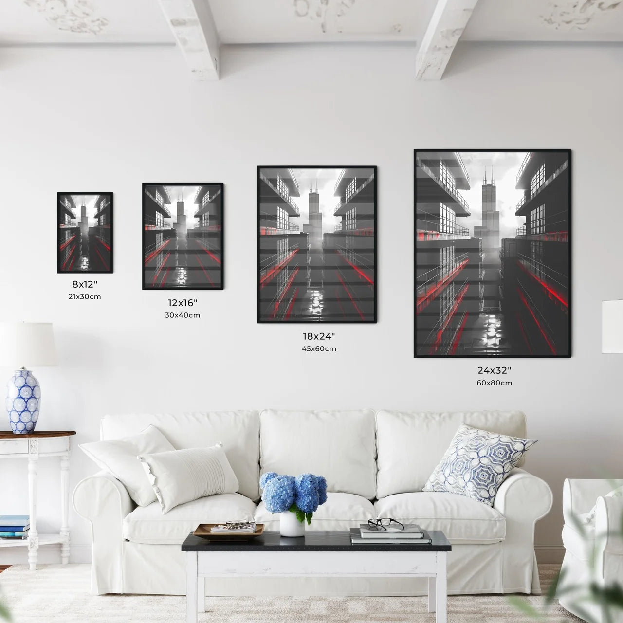 Abstract Bauhaus Style City Painting with Tall Building Size Chart