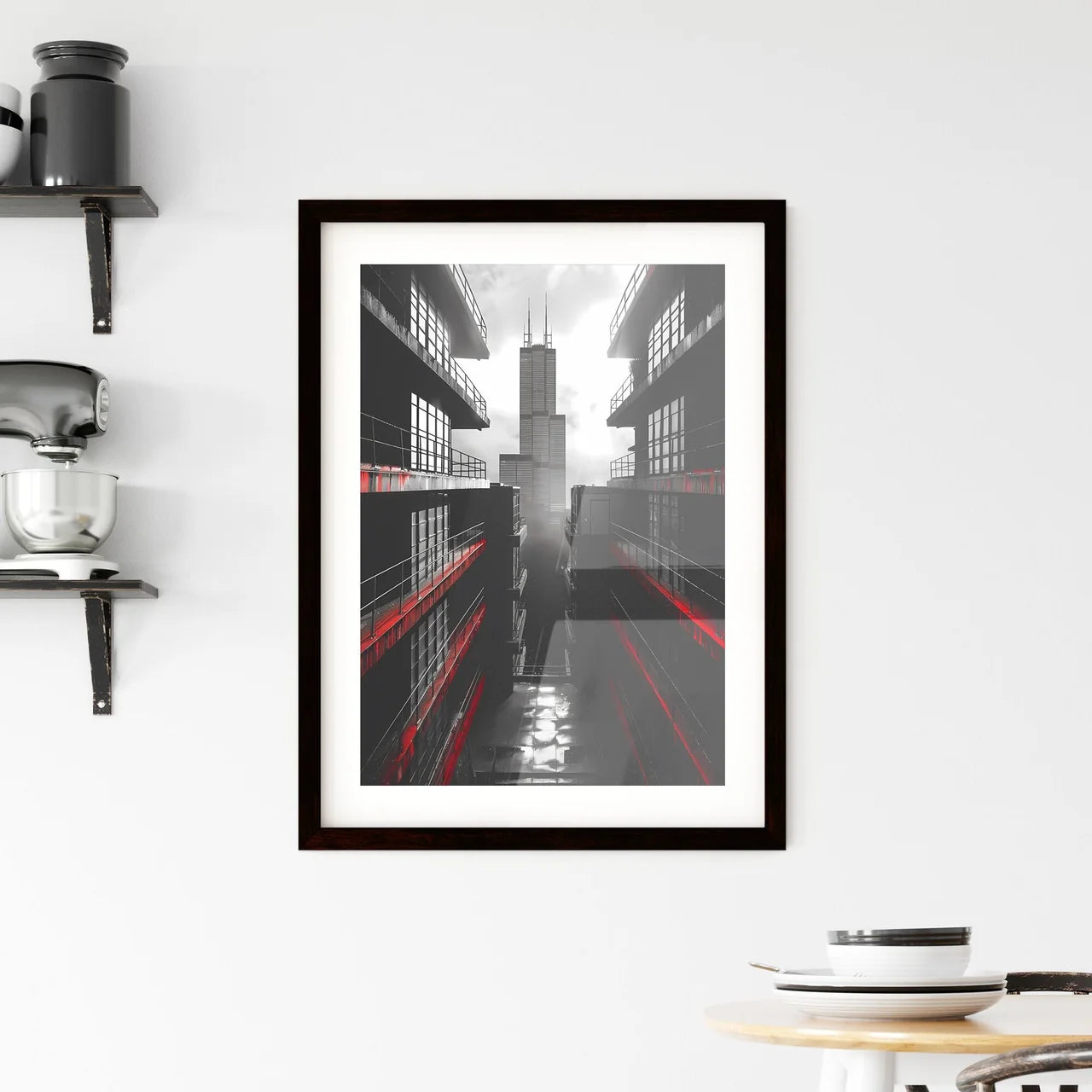 Abstract Bauhaus Style City Painting with Tall Building Custom Print