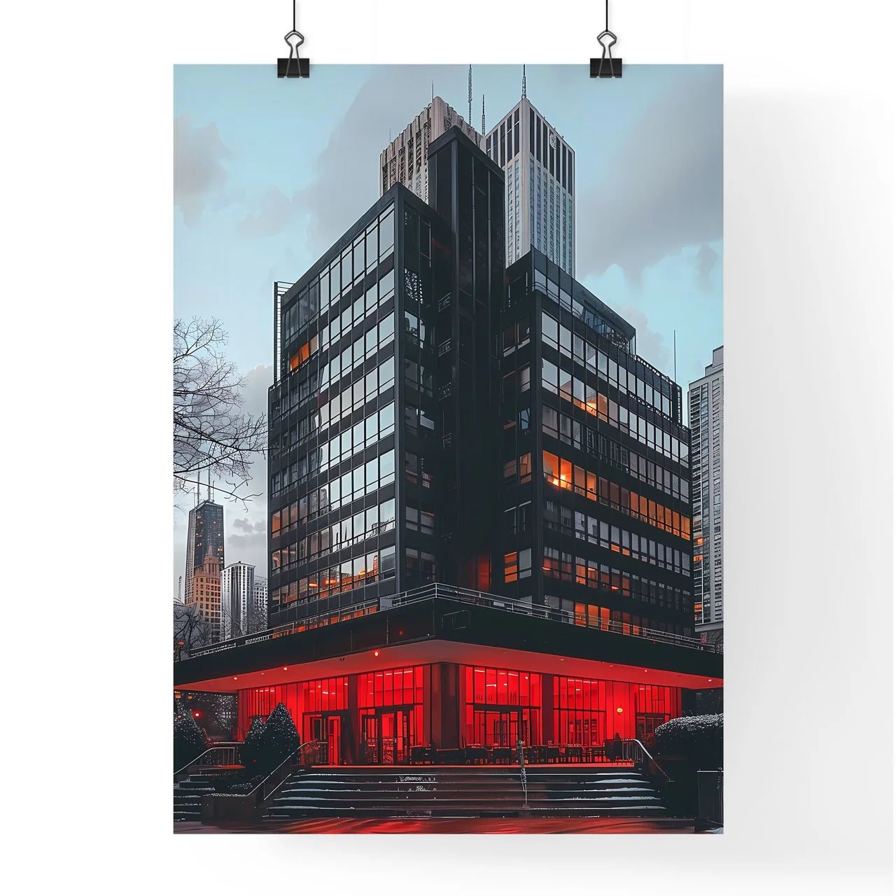 Bauhaus Inspired Painting: Abstract Building with Red Lights, Modern Art Poster